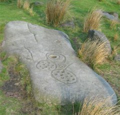 Cup and Ring marks, Gardom's Edge. Typical of Bronze Age ritual markings.  Now covered by a fibreglass facsimile.